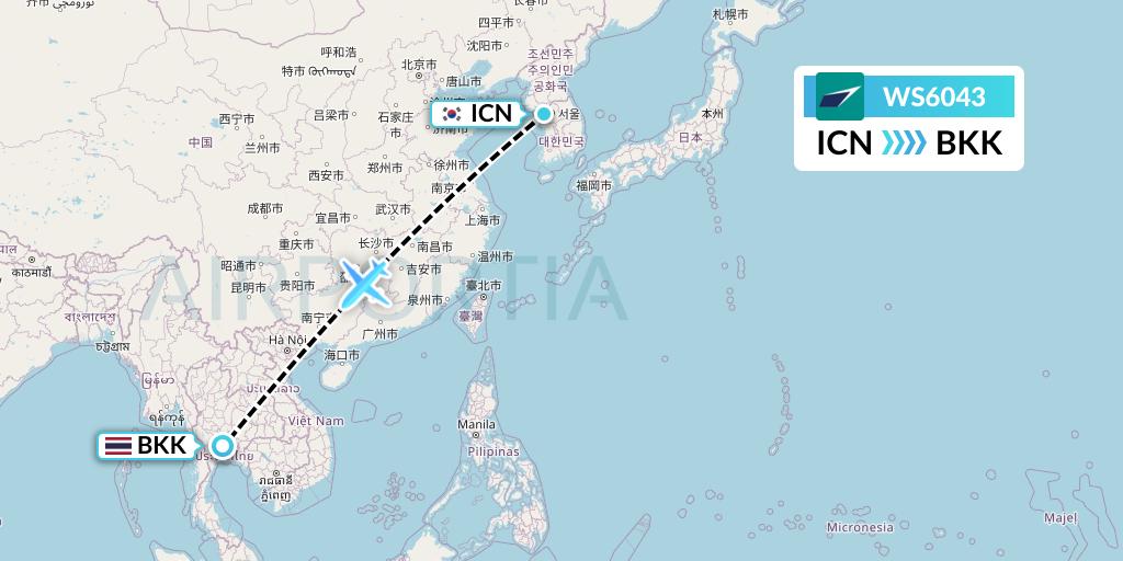 WS6043 WestJet Flight Map: Seoul to Bangkok
