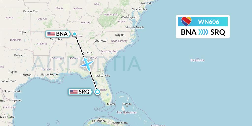 WN606 Southwest Airlines Flight Map: Nashville to Sarasota