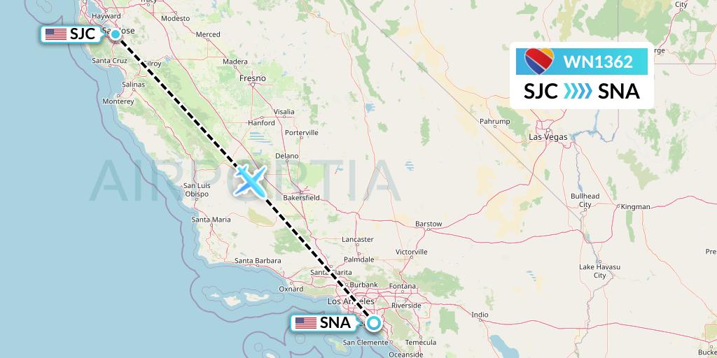 WN1362 Southwest Airlines Flight Map: San Jose to Orange County