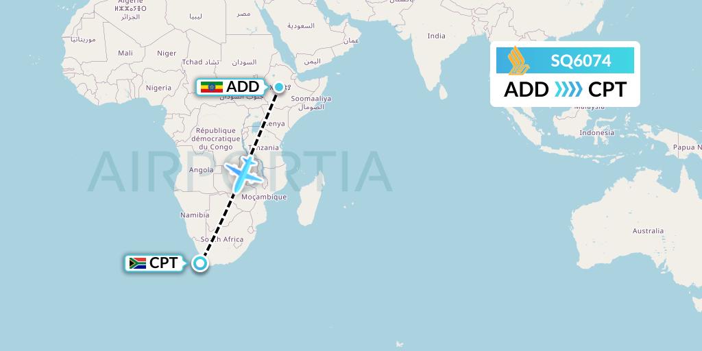 SQ6074 Singapore Airlines Flight Map: Addis Ababa to Cape Town