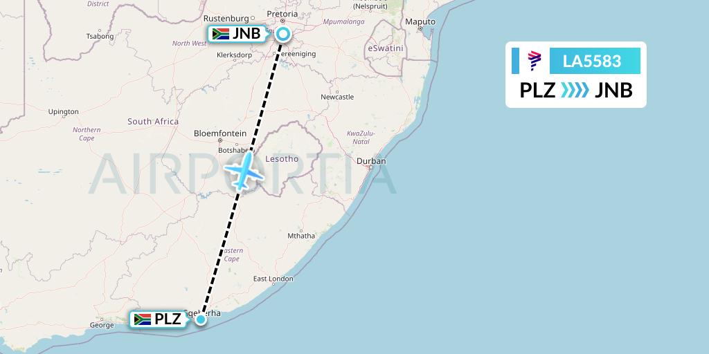 LA5583 LAN Airlines Flight Map: Port Elizabeth to Johannesburg