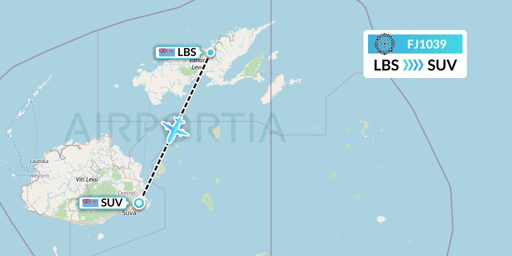 FJ1039 Fiji Airways Flight Map: Labasa to Suva