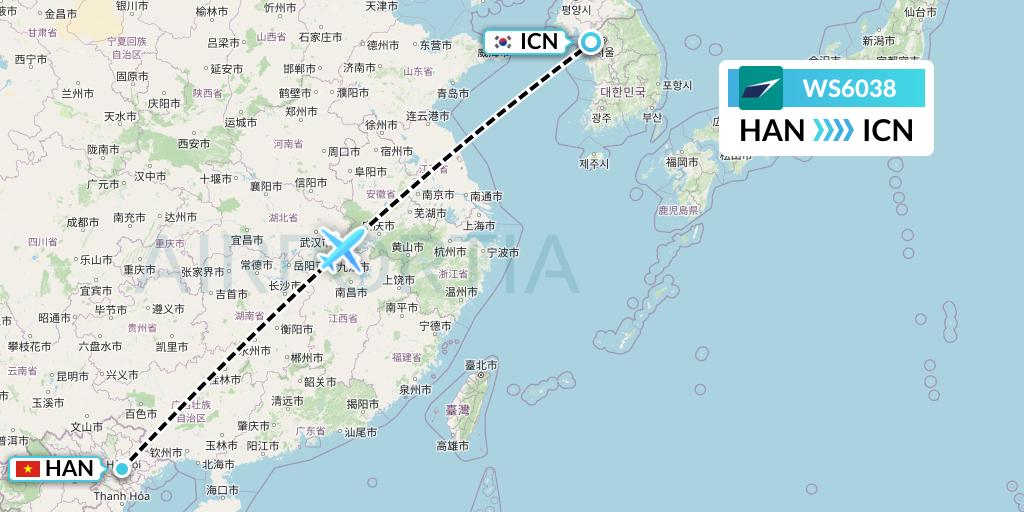 WS6038 WestJet Flight Map: Hanoi to Seoul