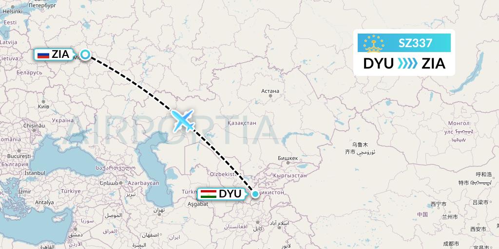 SZ337 Somon Air Flight Map: Dushanbe to Moscow