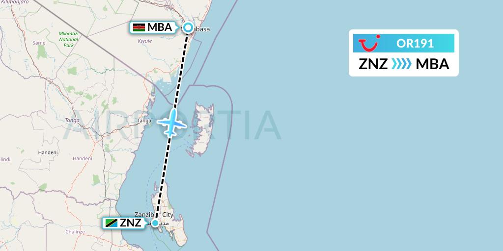 OR191 TUI fly Netherlands Flight Map: Zanzibar to Mombasa