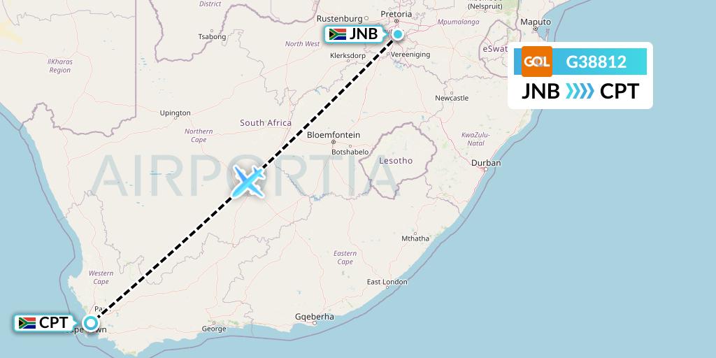 G38812 GOL Transportes Aeros Flight Map: Johannesburg to Cape Town