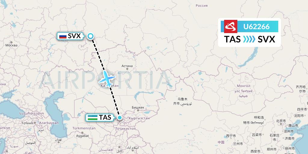 U62266 Ural Airlines Flight Map: Tashkent to Yekaterinburg