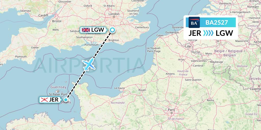 BA2527 British Airways Flight Map: Jersey to London