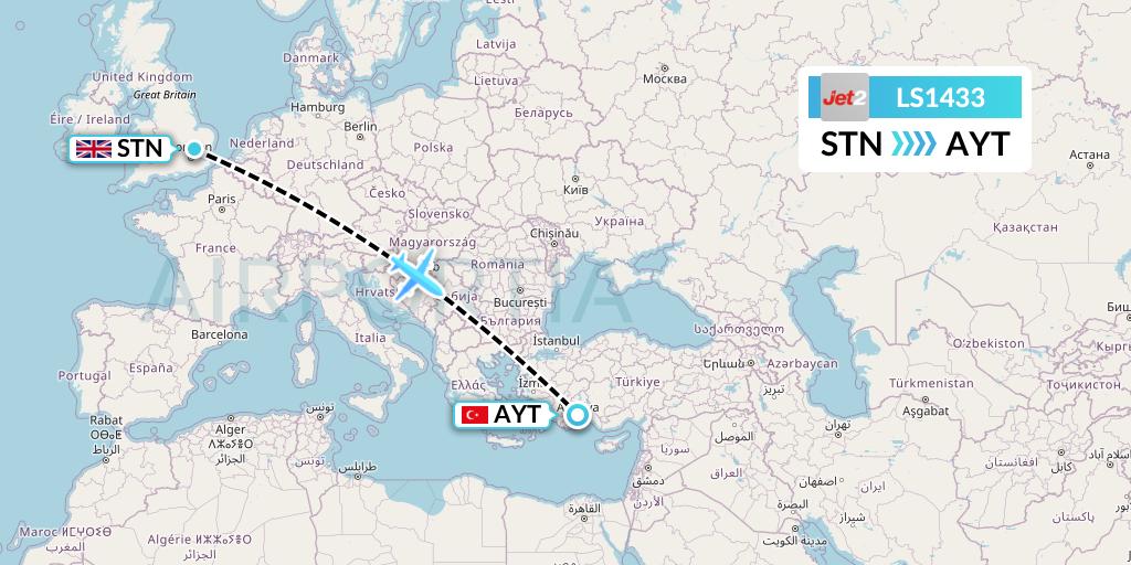 LS1433 Jet2 Flight Map: London to Antalya