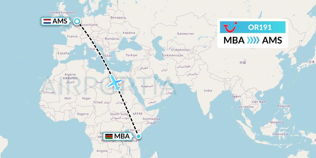 OR191 TUI fly Netherlands Flight Map: Mombasa to Amsterdam