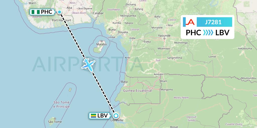 J7281 Afrijet Business Services Flight Map: Port Harcourt to Libreville