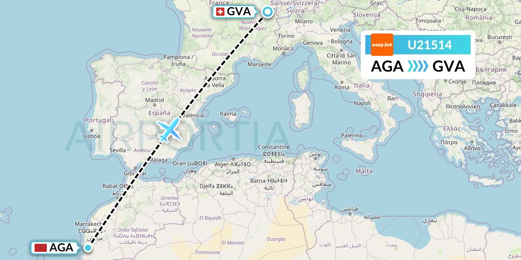 U21514 EasyJet Flight Map: Agadir to Geneva