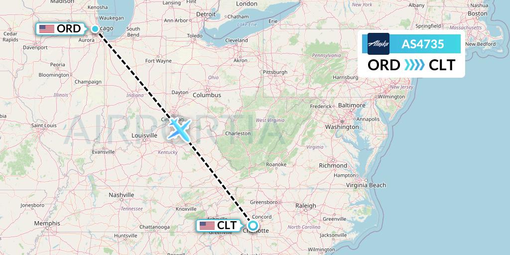 AS4735 Alaska Airlines Flight Map: Chicago to Charlotte