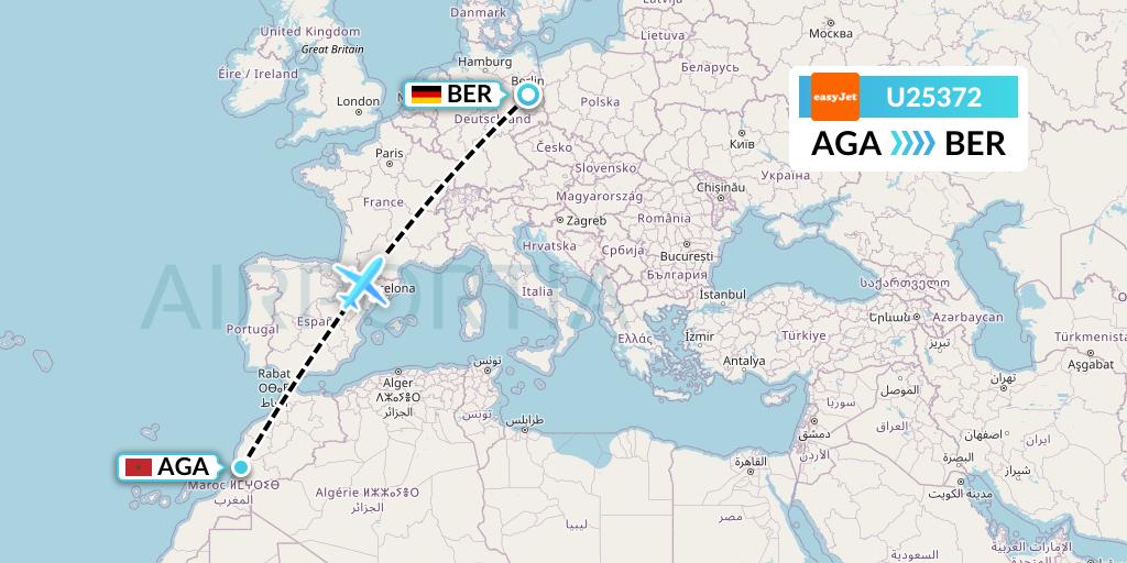 U25372 EasyJet Flight Map: Agadir to Berlin