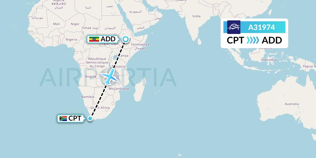 A31974 Aegean Airlines Flight Map: Cape Town to Addis Ababa