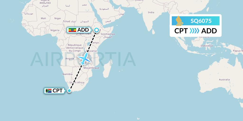SQ6075 Singapore Airlines Flight Map: Cape Town to Addis Ababa