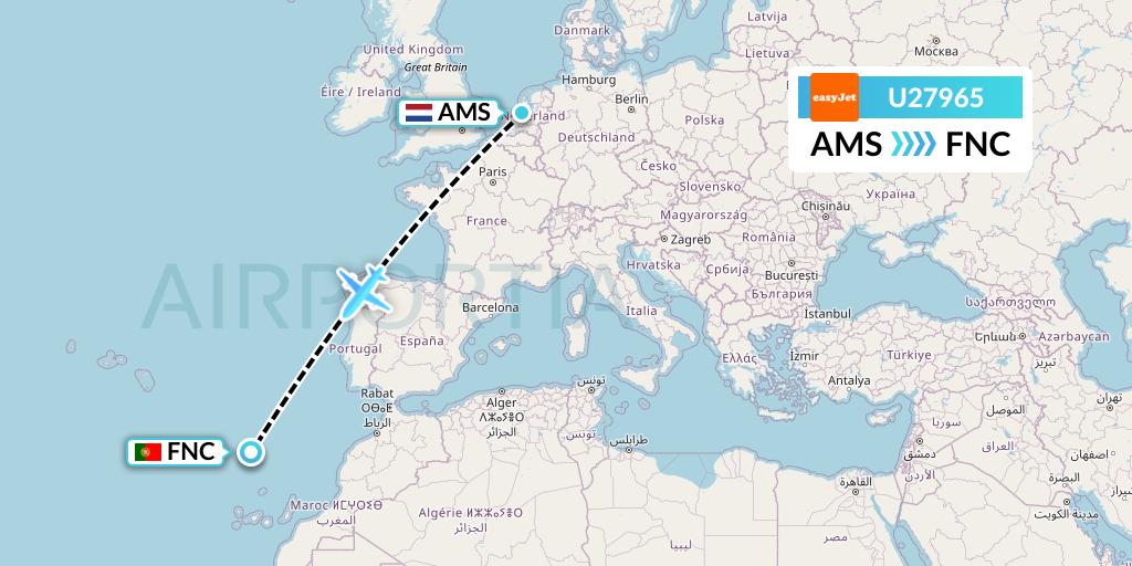 U27965 EasyJet Flight Map: Amsterdam to Funchal