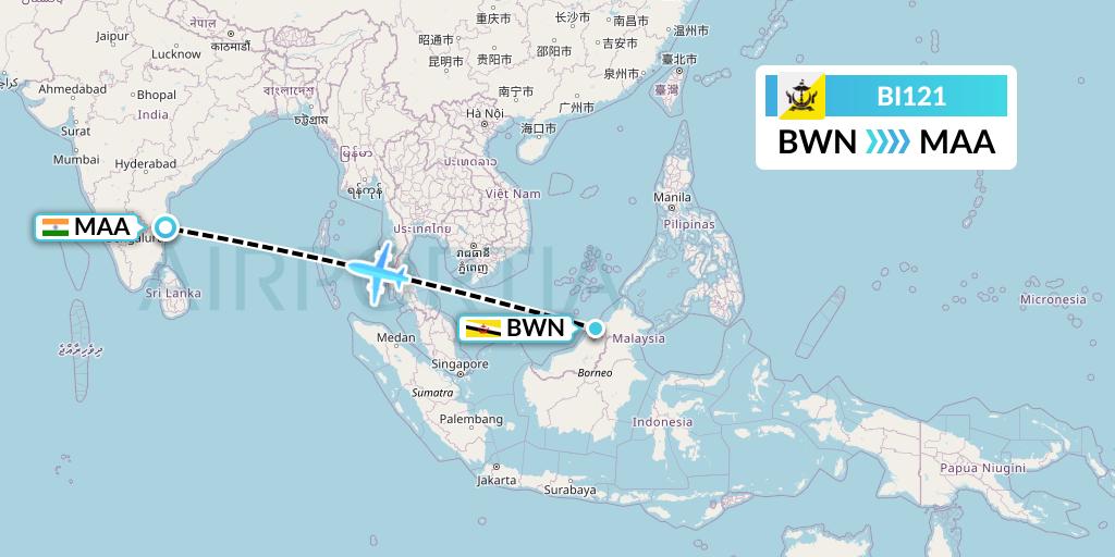 BI121 Royal Brunei Airlines Flight Map: Brunei to Chennai