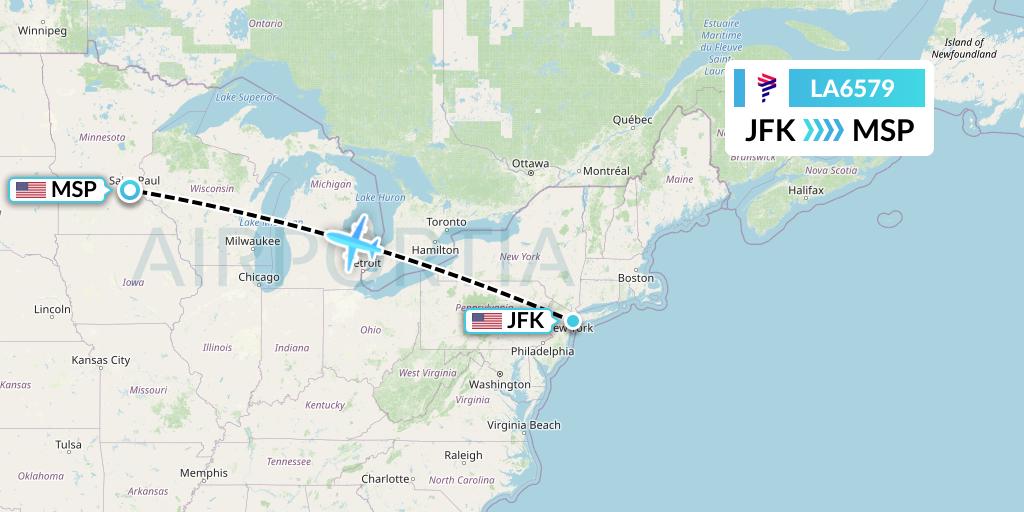 LA6579 LAN Airlines Flight Map: New York to Minneapolis