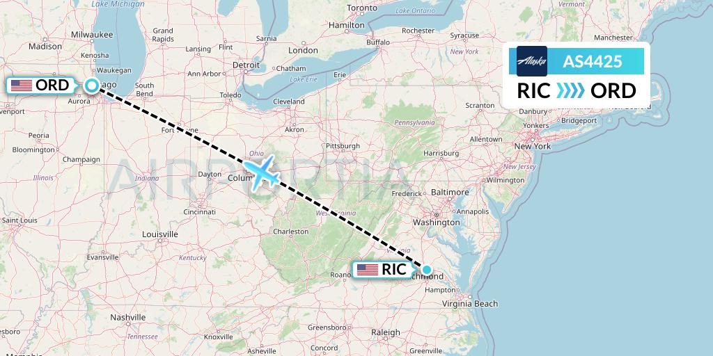 AS4425 Alaska Airlines Flight Map: Richmond to Chicago