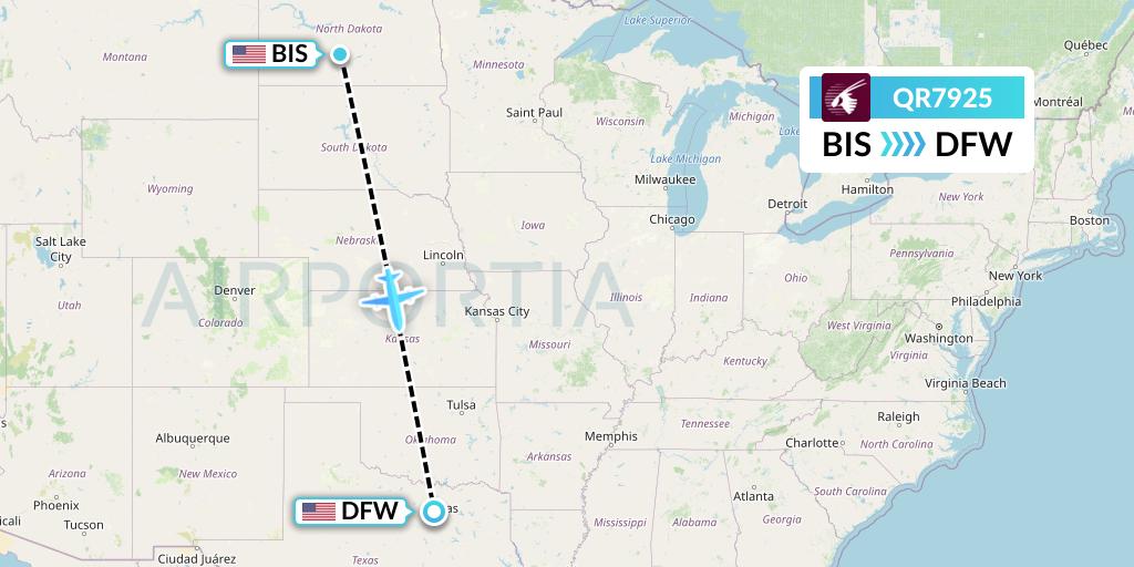 QR7925 Qatar Airways Flight Map: Bismarck to Dallas