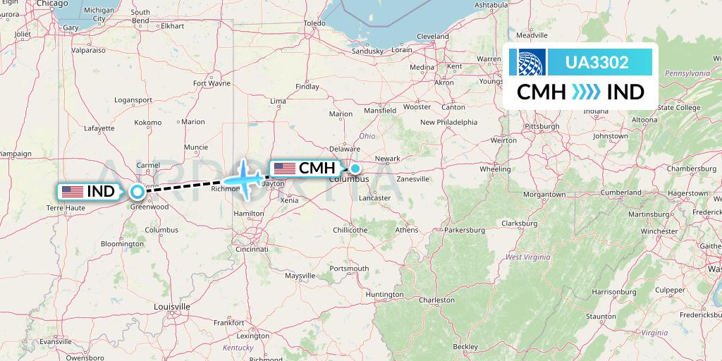 UA3302 United Airlines Flight Map: Columbus to Indianapolis
