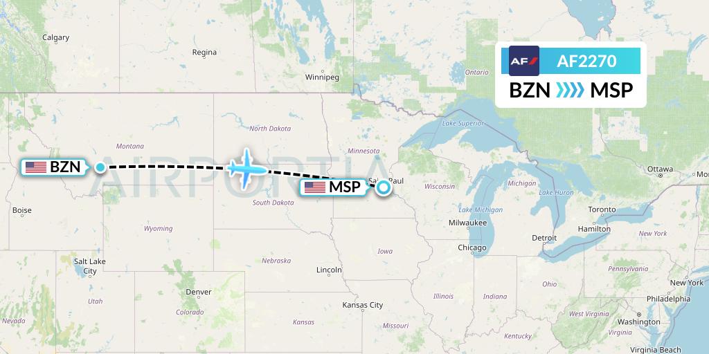 AF2270 Air France Flight Map: Bozeman to Minneapolis