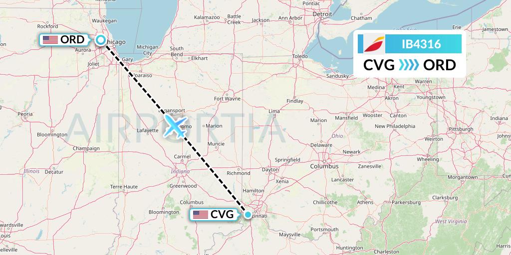IB4316 Iberia Flight Map: Cincinnati to Chicago