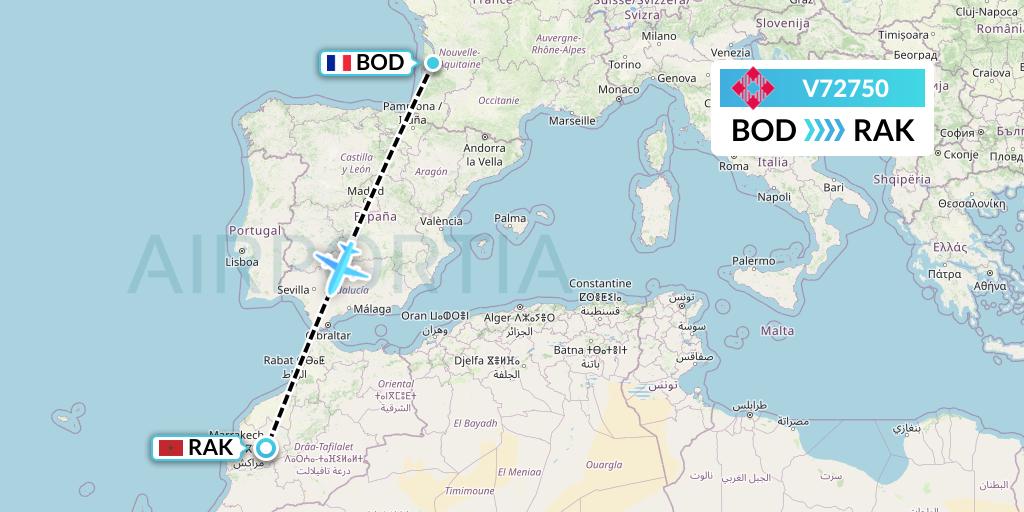 V72750 Volotea Flight Map: Bordeaux to Marrakesh 