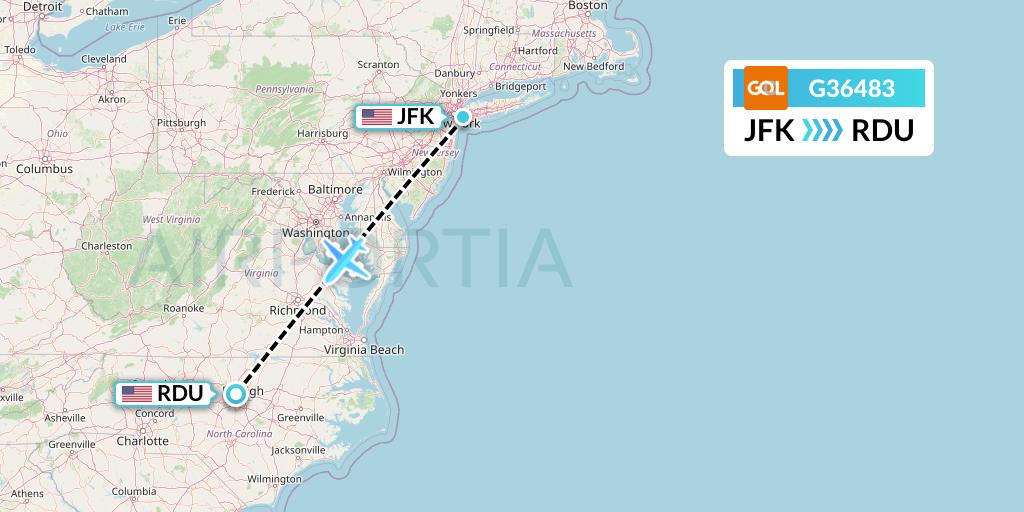 G36483 GOL Transportes Aeros Flight Map: New York to Raleigh-Durham