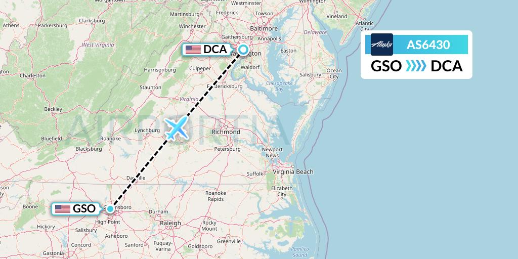 AS6430 Alaska Airlines Flight Map: Greensboro to Washington
