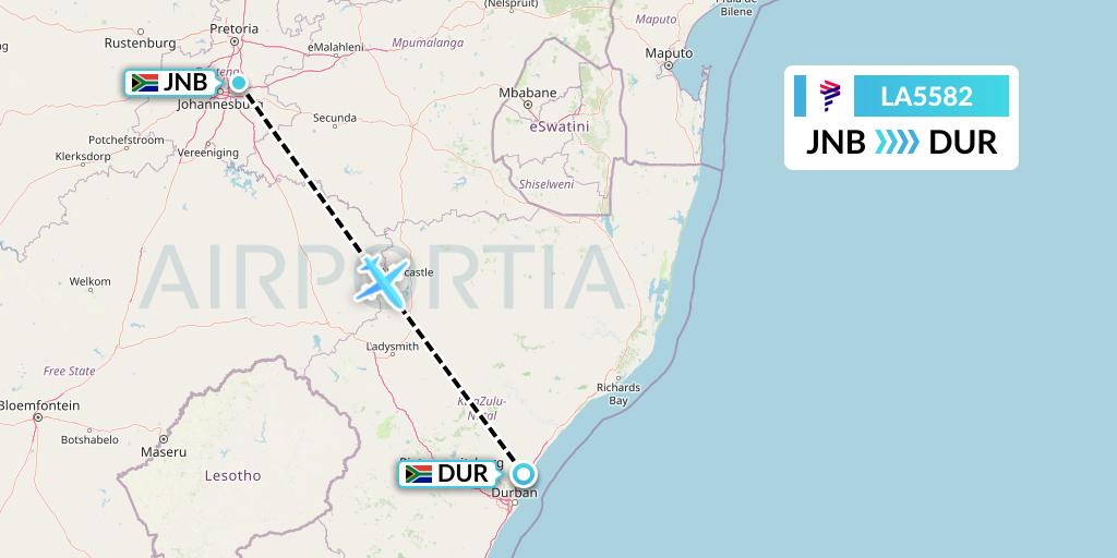 LA5582 LAN Airlines Flight Map: Johannesburg to Durban