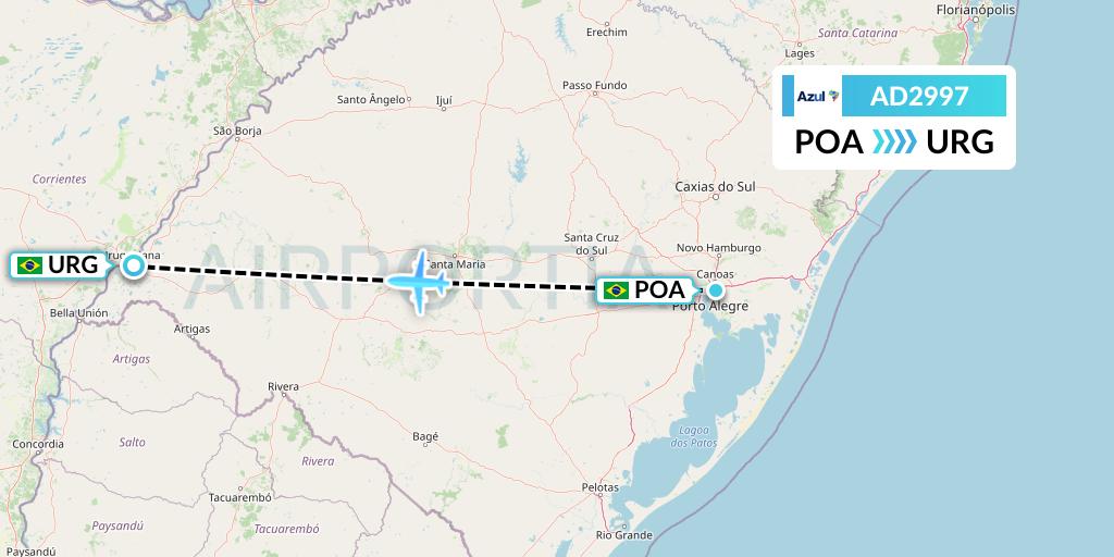 AD2997 Azul Brazilian Airlines Flight Map: Porto Alegre to Uruguaiana