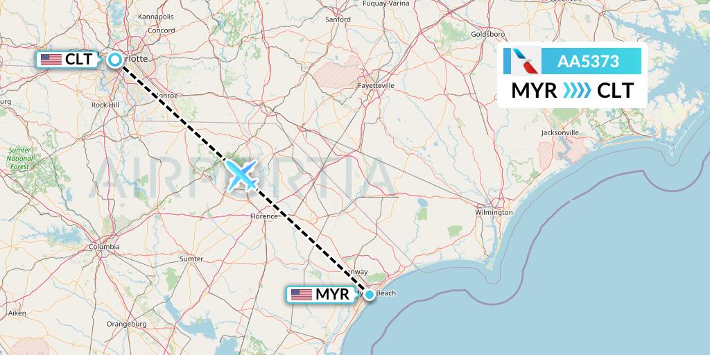 AA5373 American Airlines Flight Map: Myrtle Beach to Charlotte