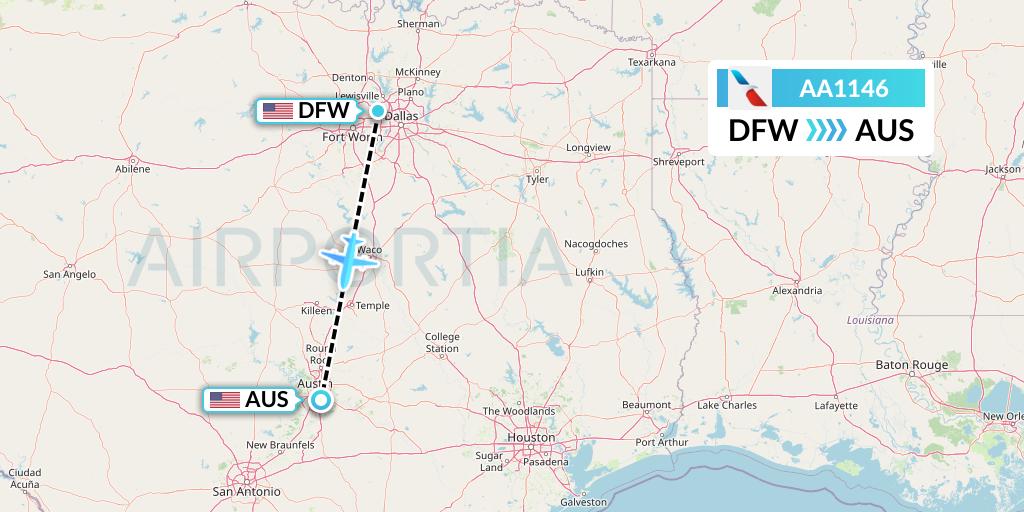 AA1146 American Airlines Flight Map: Dallas to Austin