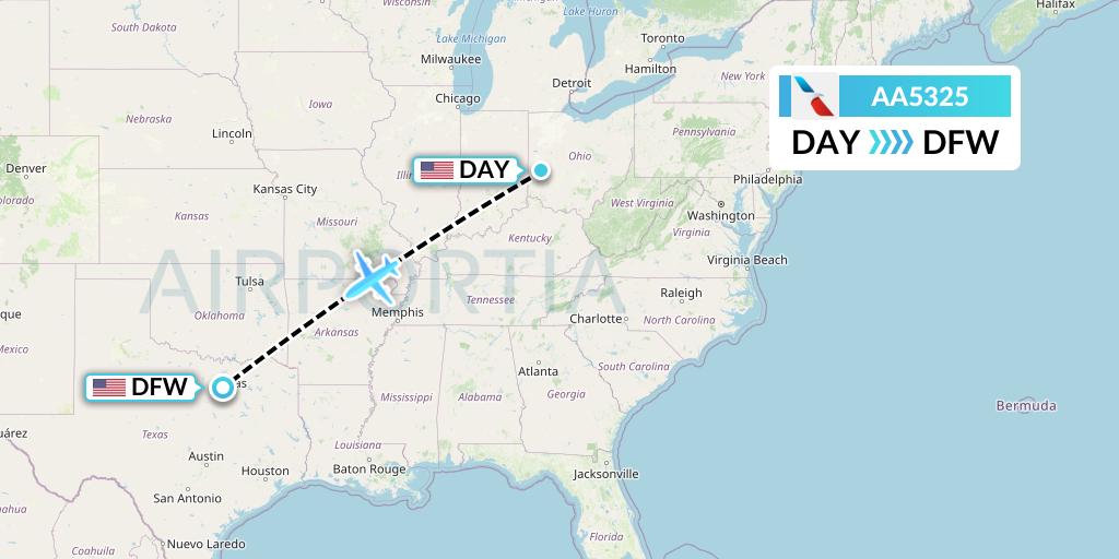 AA5325 American Airlines Flight Map: Dayton to Dallas