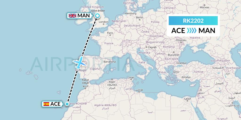 RK2202 Ryanair UK Flight Map: Lanzarote to Manchester