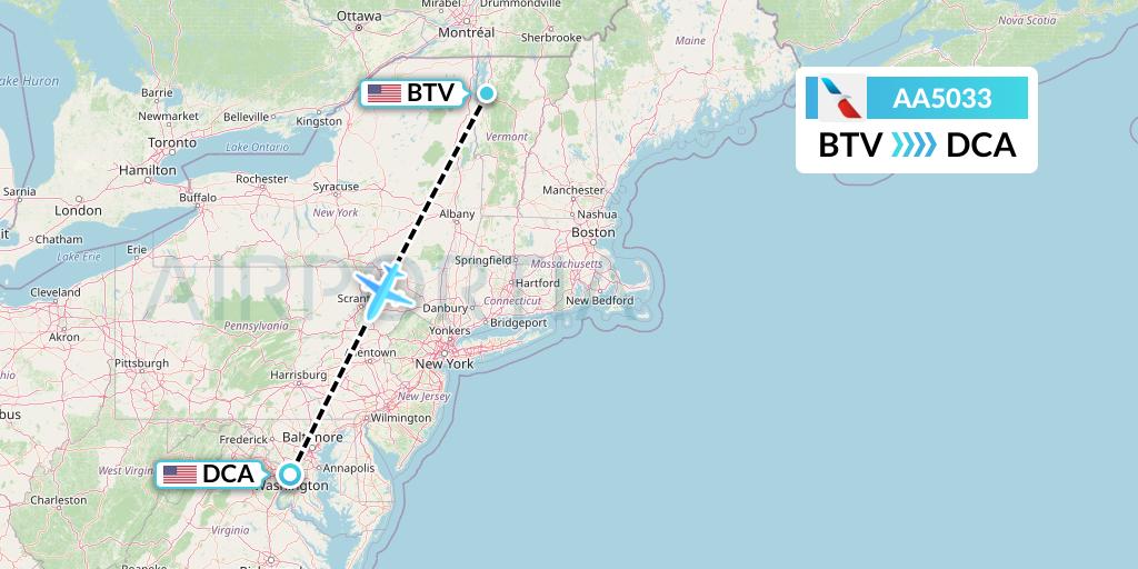 AA5033 American Airlines Flight Map: Burlington to Washington
