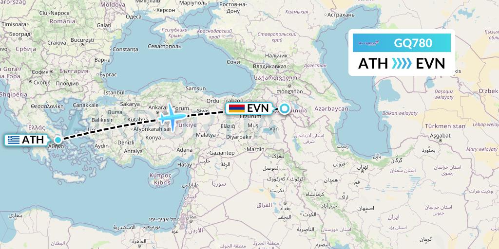 GQ780 Sky Express (Greece) Flight Map: Athens to Yerevan
