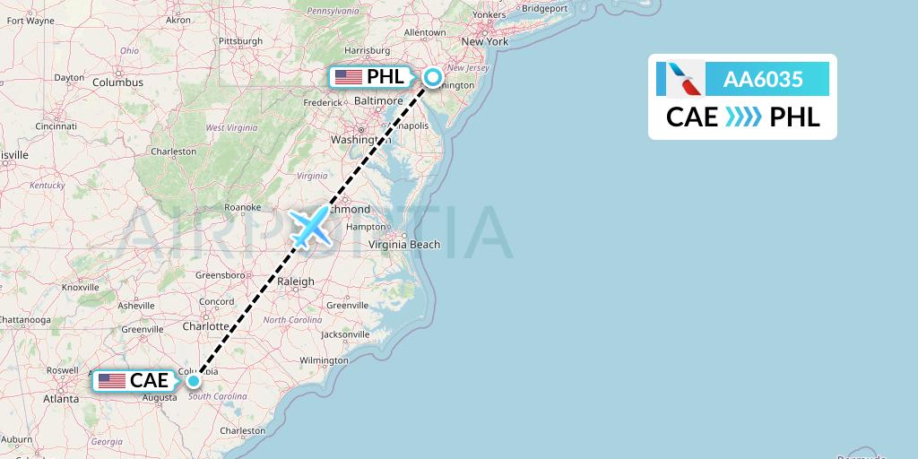 AA6035 American Airlines Flight Map: Columbia to Philadelphia