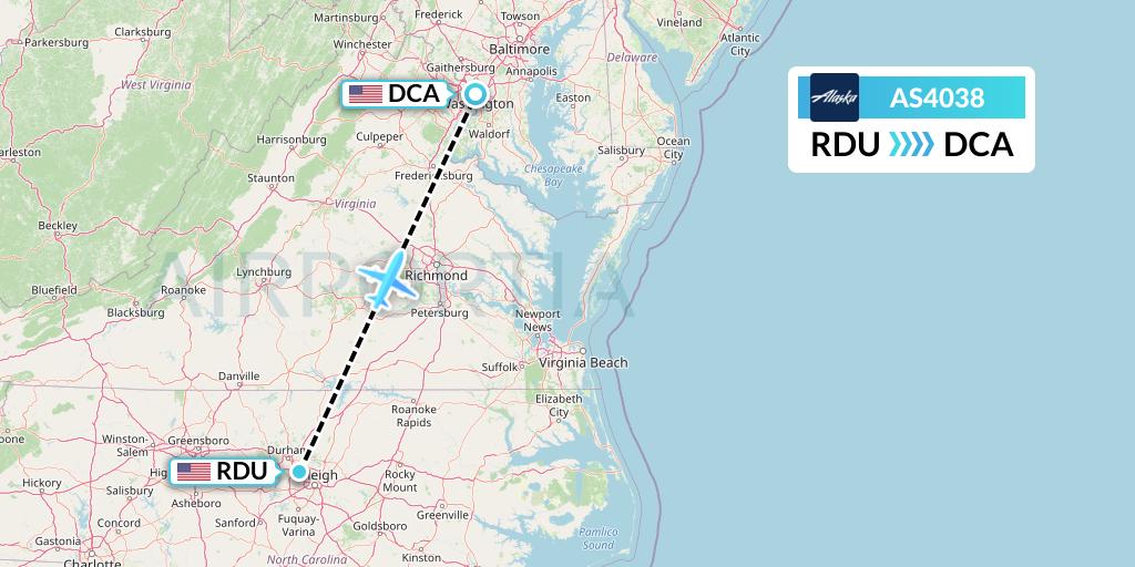 AS4038 Alaska Airlines Flight Map: Raleigh-Durham to Washington