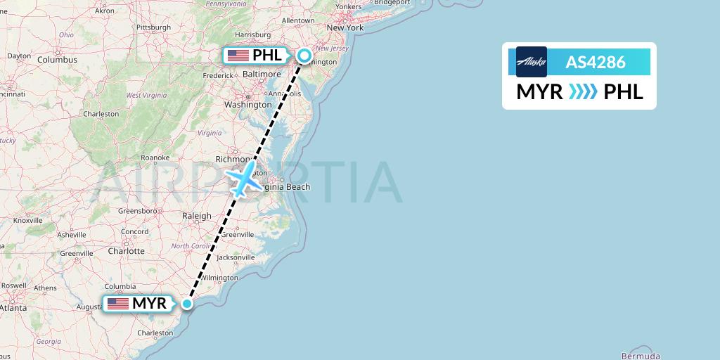 AS4286 Alaska Airlines Flight Map: Myrtle Beach to Philadelphia