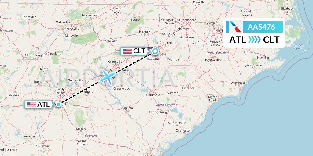AA5476 American Airlines Flight Map: Atlanta to Charlotte