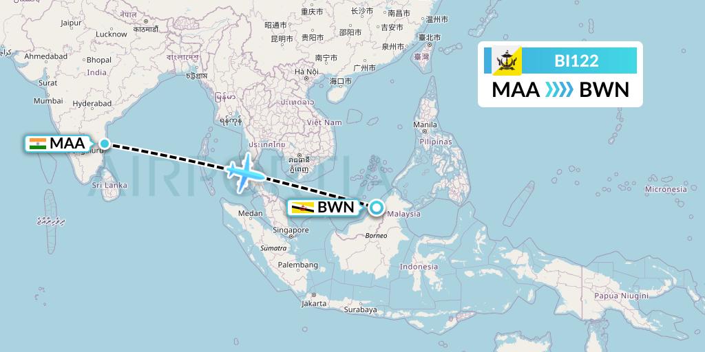 BI122 Royal Brunei Airlines Flight Map: Chennai to Brunei