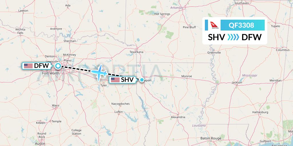 QF3308 Qantas Flight Map: Shreveport to Dallas