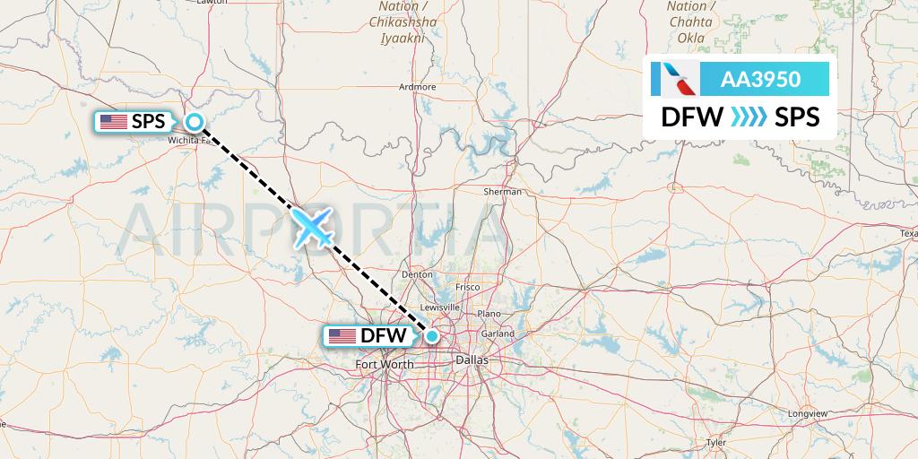 AA3950 American Airlines Flight Map: Dallas to Wichita Falls