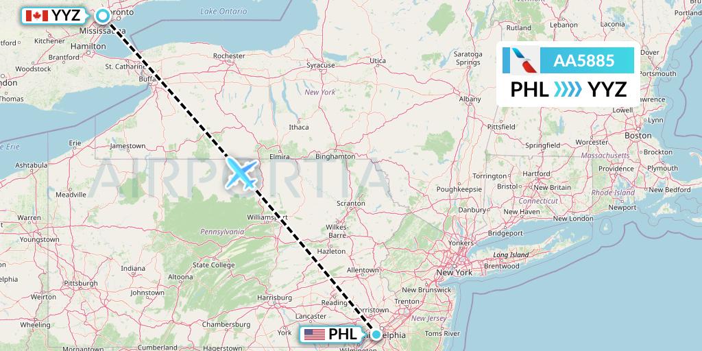 AA5885 American Airlines Flight Map: Philadelphia to Toronto