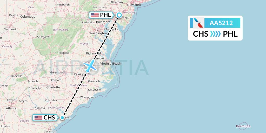 AA5212 American Airlines Flight Map: Charleston to Philadelphia