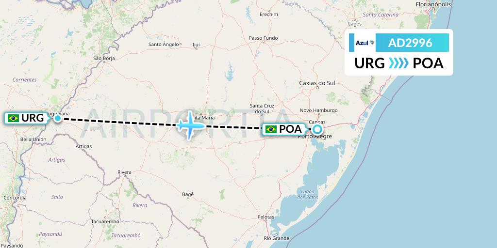 AD2996 Azul Brazilian Airlines Flight Map: Uruguaiana to Porto Alegre