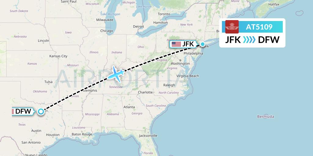 AT5109 Royal Air Maroc Flight Map: New York to Dallas